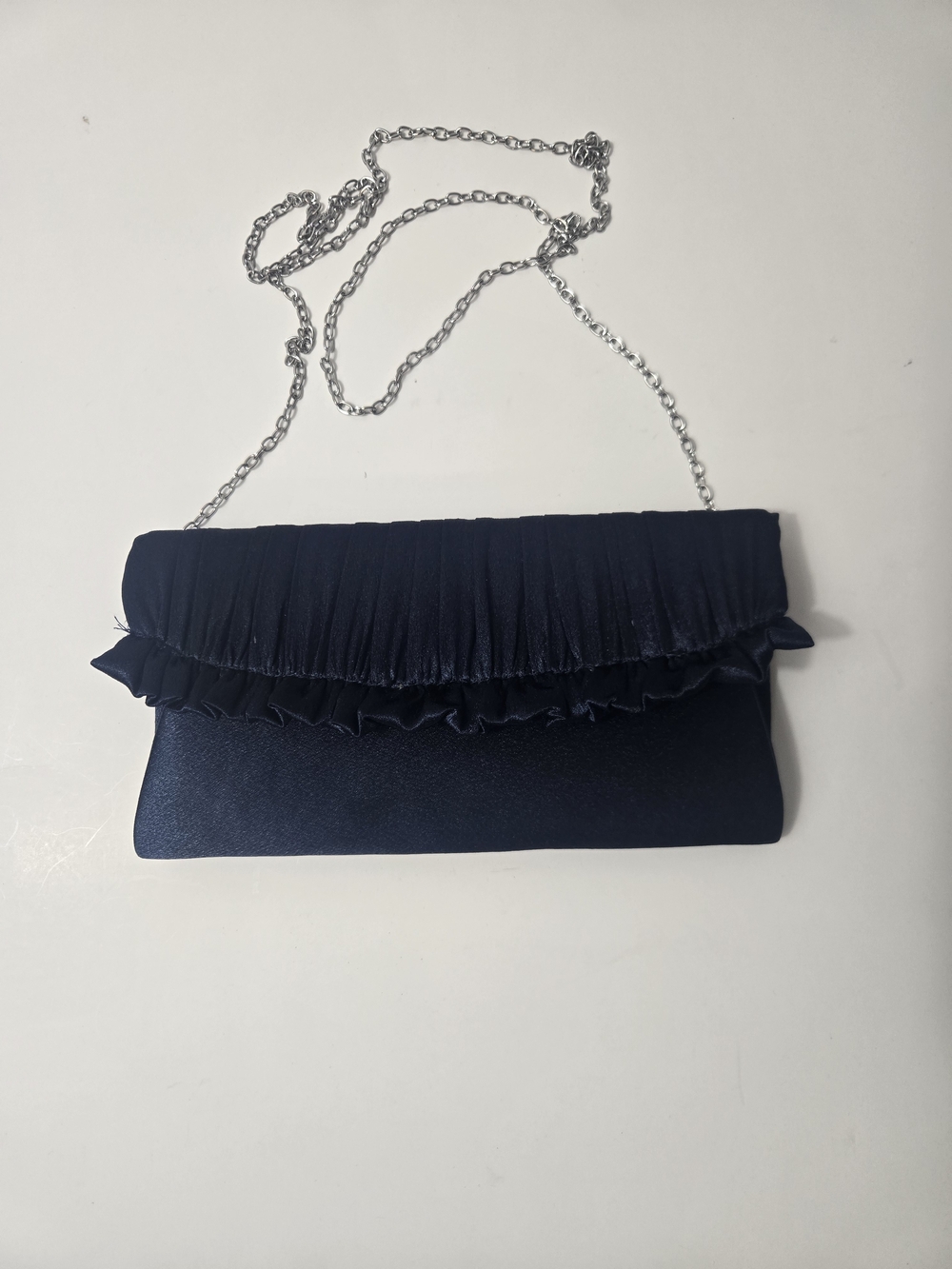 Landry Navy Ruffle Satin Like Evening Clutch with Chain Strap